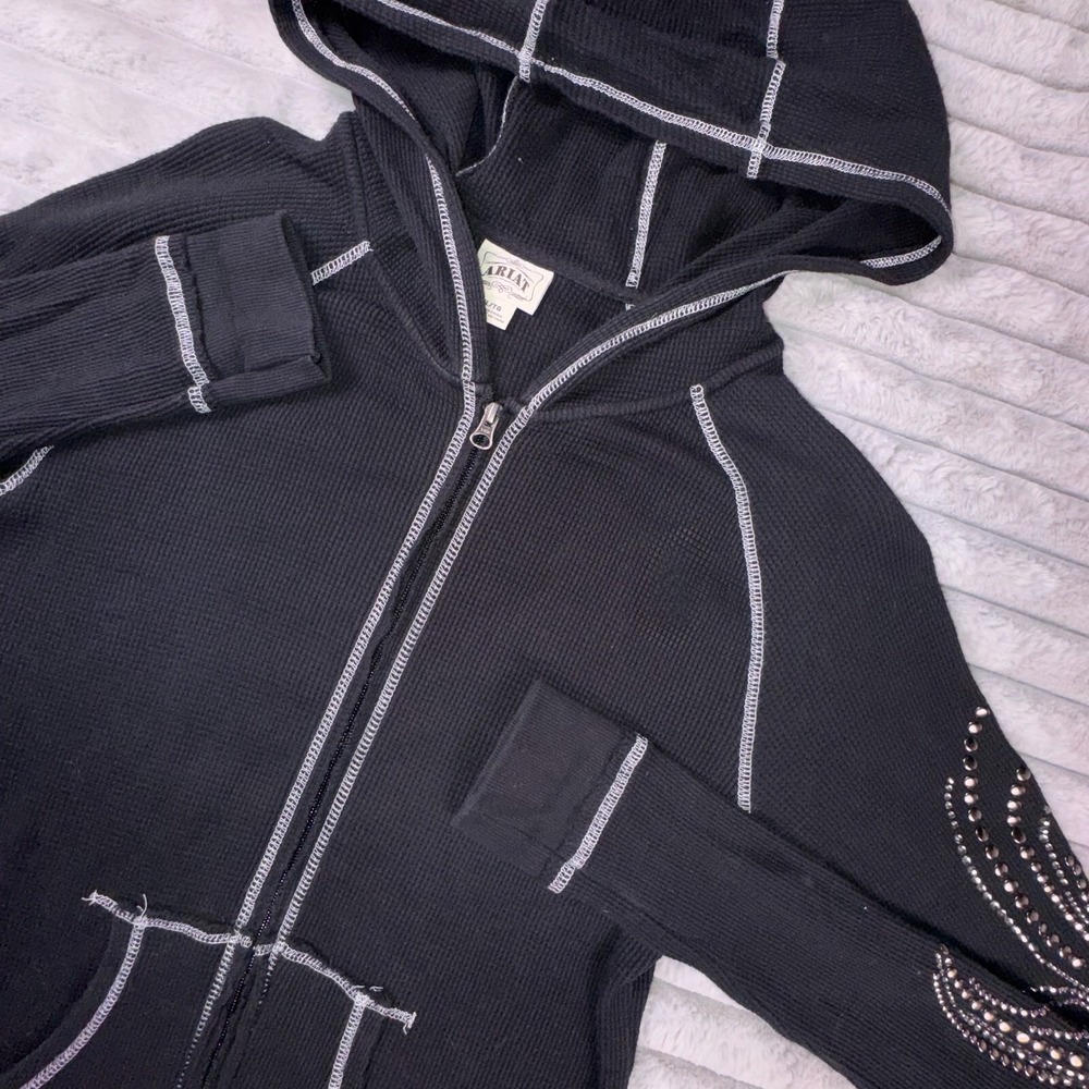 Ariat Jacket Womens XL Black Waffle Knit Thermal Studded Full Zip Top Y2K Grunge - Picture 8 of 11